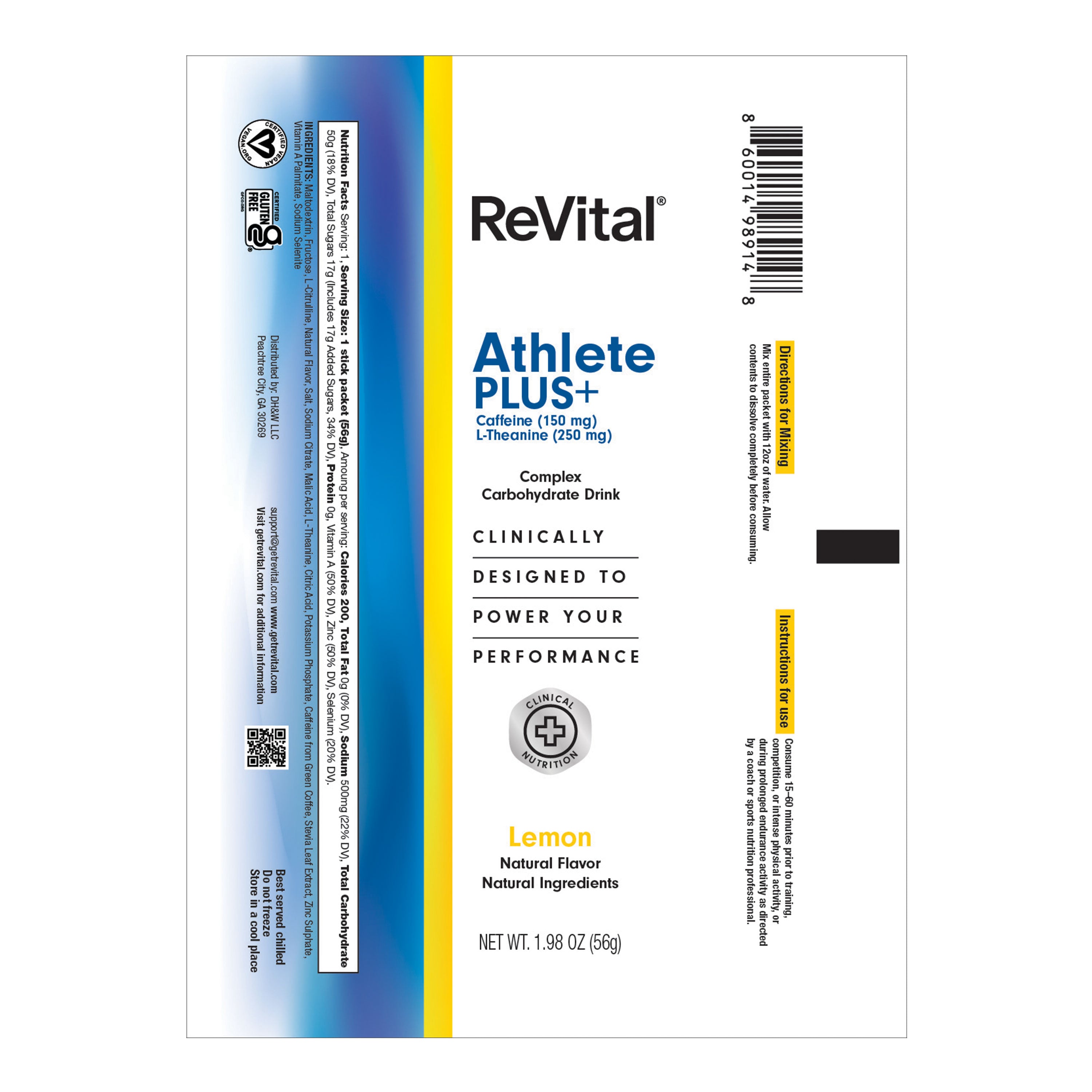 ReVital Nutritional Beverage, 12oz Powdered Drink Mix, Clear Carbohydrate Athlete & Plus+ 4-Pack Powder Sticks Mix Kit L, Lemon Flavor