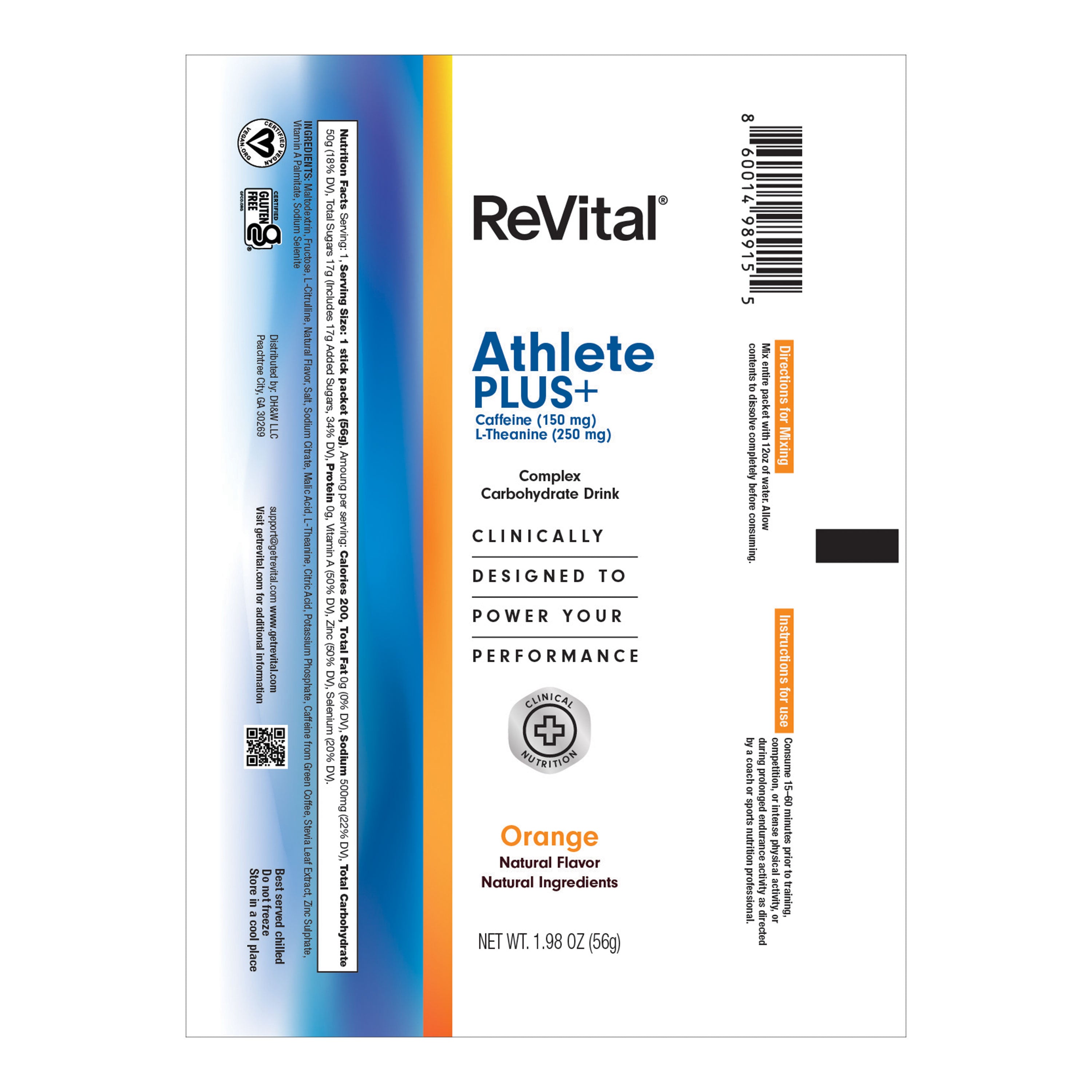 ReVital Nutritional Beverage, 12oz Powdered Drink Mix, Clear Carbohydrate Athlete & Plus+ 4-Pack Powder Sticks Mix Kit K, Orange Flavor