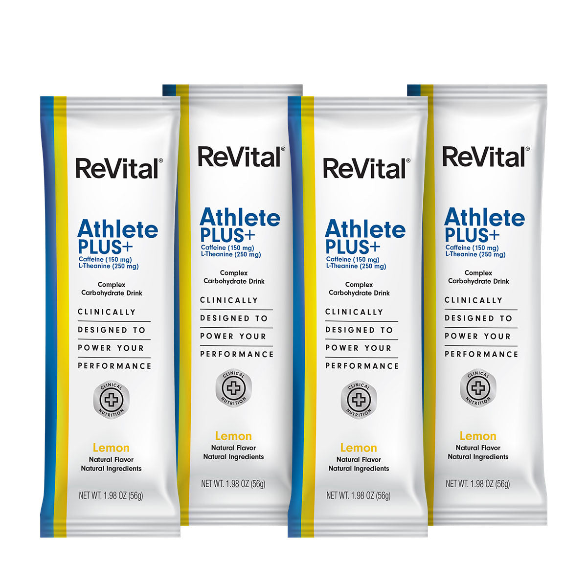 ReVital Nutritional Beverage, 12oz Powdered Drink Mix, Clear Carbohydrate Athlete Plus 4-Pack Powder Sticks Kit J, Lemon Flavor