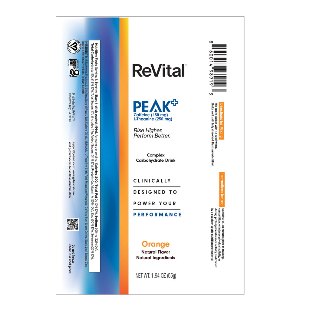 ReVital Nutritional Beverage, 12oz Powdered Drink Mix, Clear Carbohydrate PEAK+ 4-Pack Powder Sticks Mix Kit K, Orange Flavor