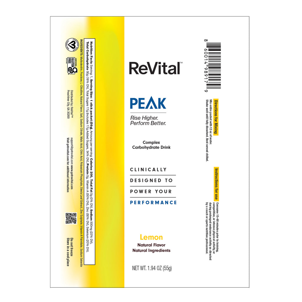 ReVital Nutritional Beverage, 12oz Powdered Drink Mix, Clear Carbohydrate PEAK+ 4-Pack Powder Sticks Mix Kit L, Lemon Flavor