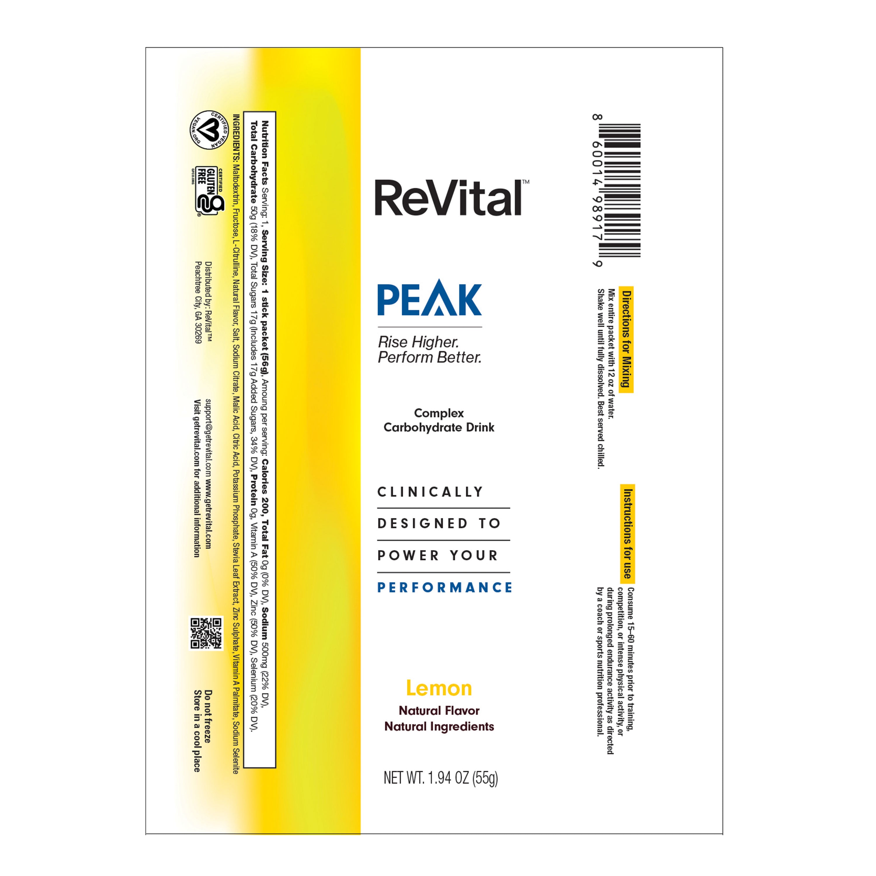 ReVital Nutritional Beverage, 12oz Powdered Drink Mix, Clear Carbohydrate PEAK 4-Pack Powder Sticks Kit H, Lemon Flavor
