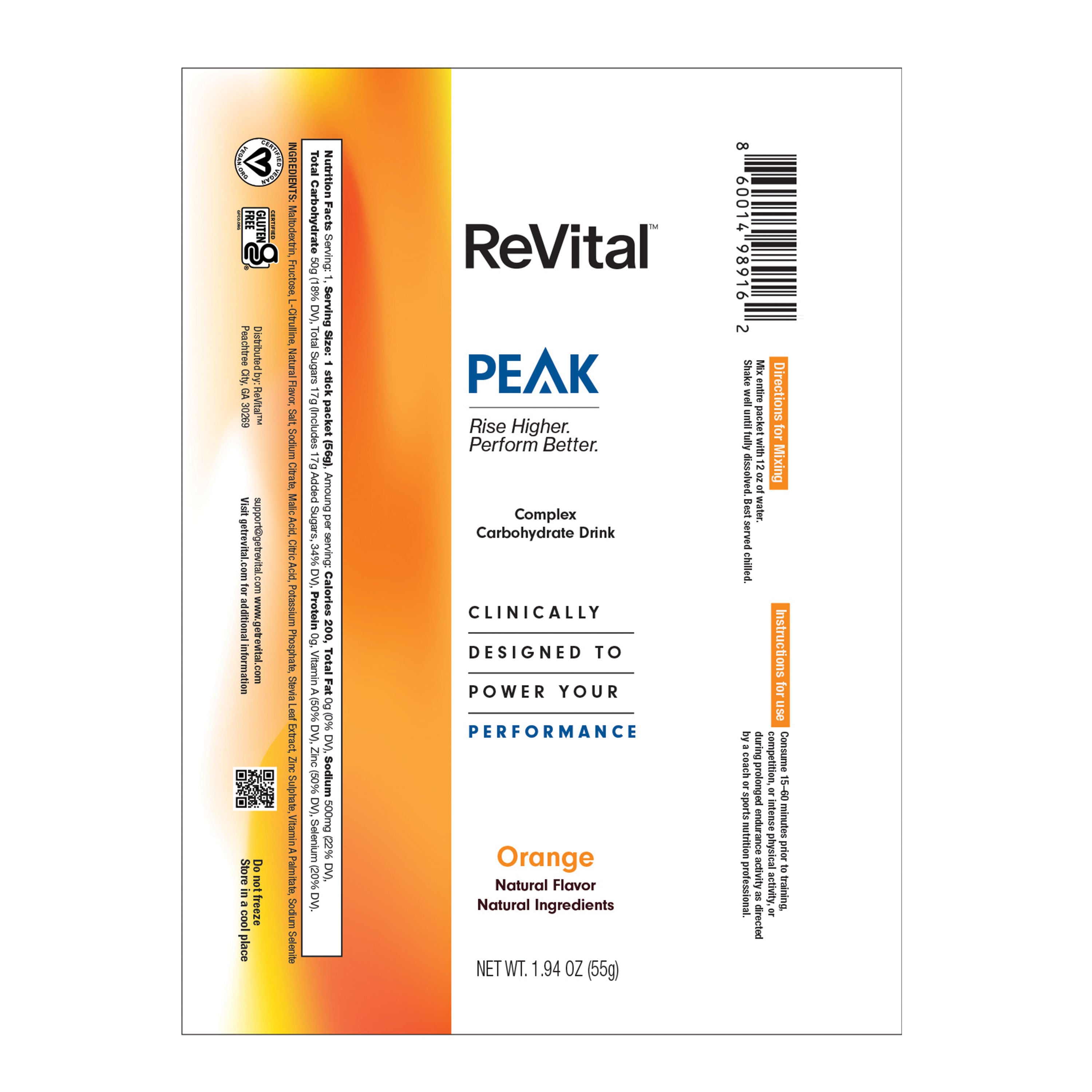 ReVital Nutritional Beverage, 12oz Powdered Drink Mix, Clear Carbohydrate PEAK 4-Pack Powder Sticks Kit G, Orange Flavor
