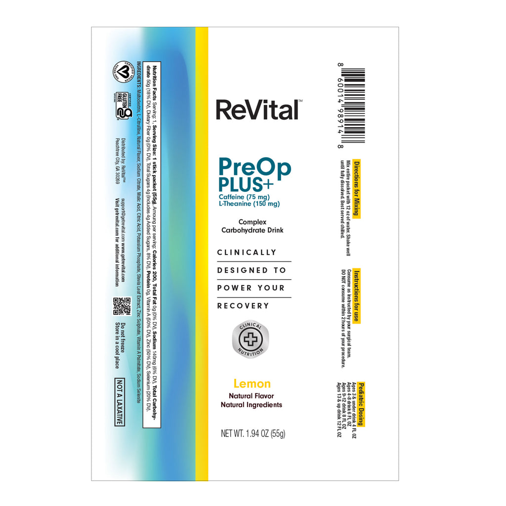ReVital Nutritional Beverage, 12oz Powdered Drink Mix, Clear Carbohydrate Pre-Surgery PreOp Plus Drink, Lemon Flavor