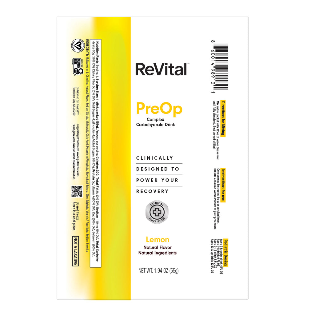 ReVital Nutritional Beverage, 12oz Powdered Drink Mix, Clear Carbohydrate Pre-Surgery PreOp Drink, Lemon Flavor