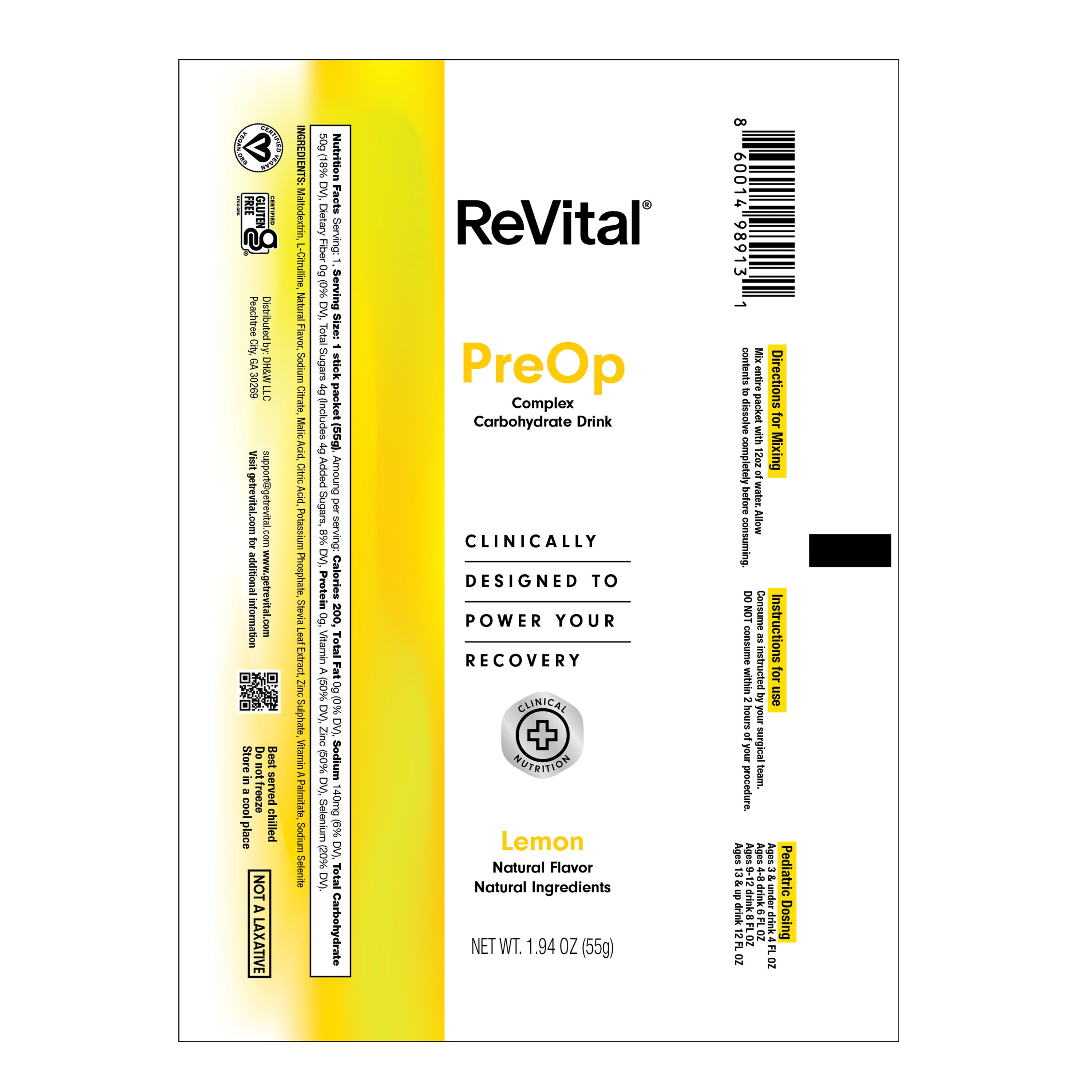 ReVital Nutritional Beverage, 12oz Powdered Drink Mix, Clear Carbohydrate Pre-Surgery PreOp 12 Powder Sticks CASE Kit D — Lemon Flavor (Bulk)