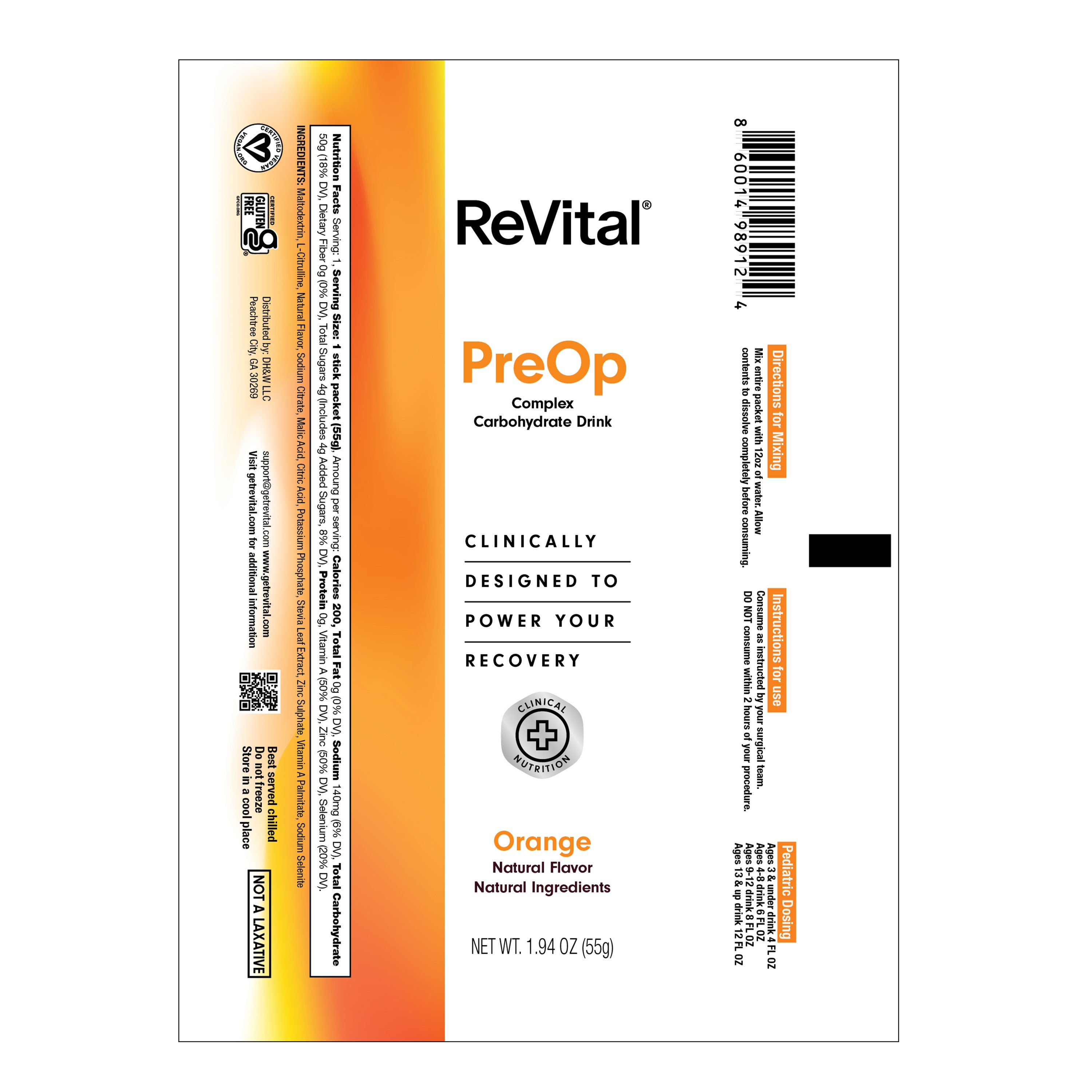 ReVital Nutritional Beverage, 12oz Powdered Drink Mix, Clear Carbohydrate Pre-Surgery PreOp 12 Powder Sticks CASE Kit C — Orange Flavor (Bulk)