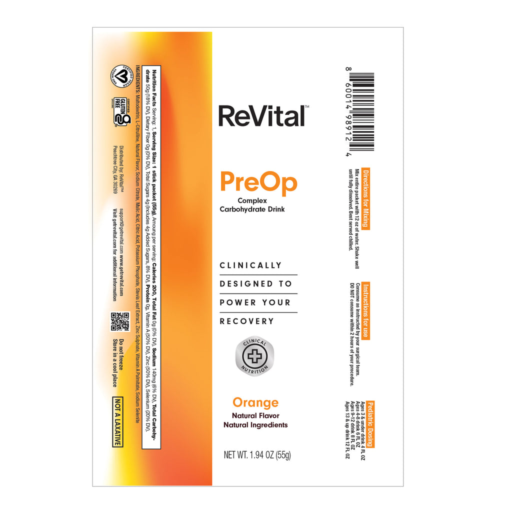 ReVital Nutritional Beverage, 12oz Powdered Drink Mix, Clear Carbohydrate Pre-Surgery PreOp Drink, Orange Flavor