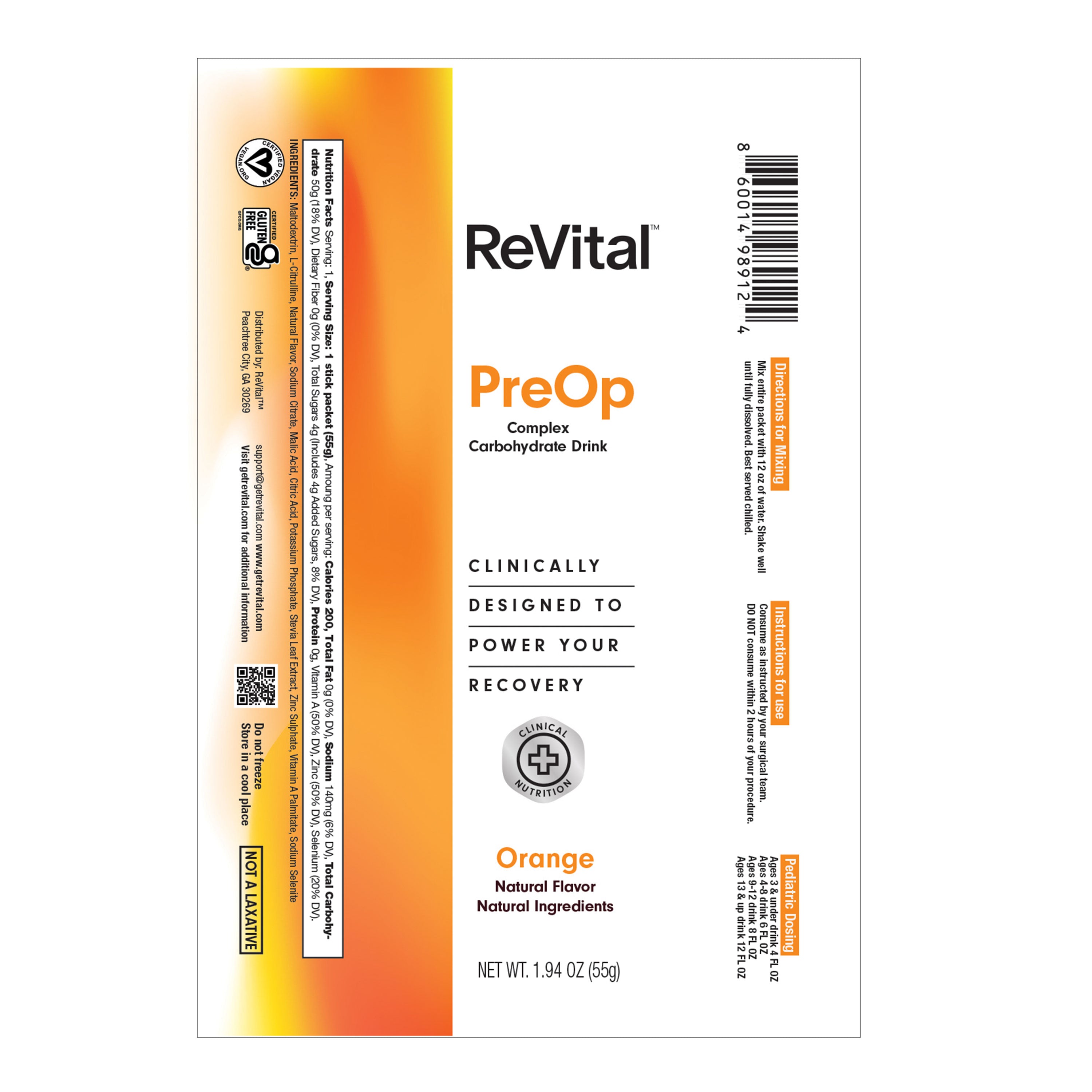 ReVital Nutritional Beverage, 12oz Powdered Drink Mix, Clear Carbohydrate Pre-Surgery PreOp Drink, Orange Flavor
