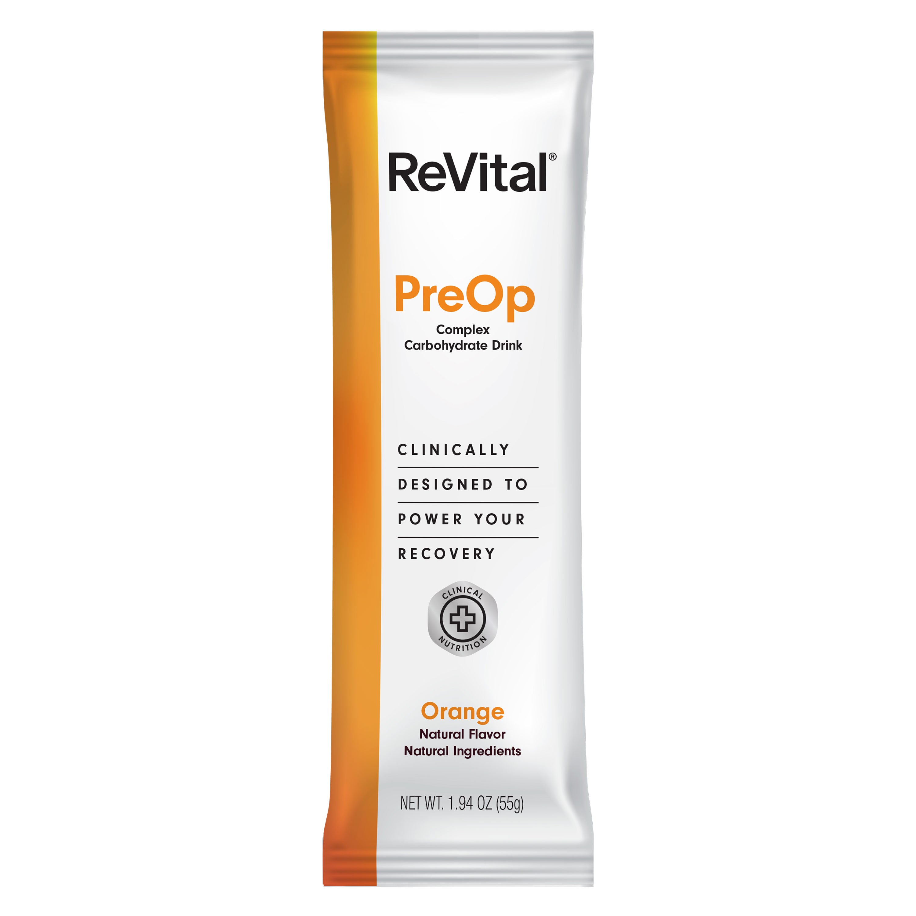 ReVital Nutritional Beverage, 12oz Powdered Drink Mix, Clear Carbohydrate Pre-Surgery PreOp 12 Powder Sticks CASE Kit C — Orange Flavor (Bulk)