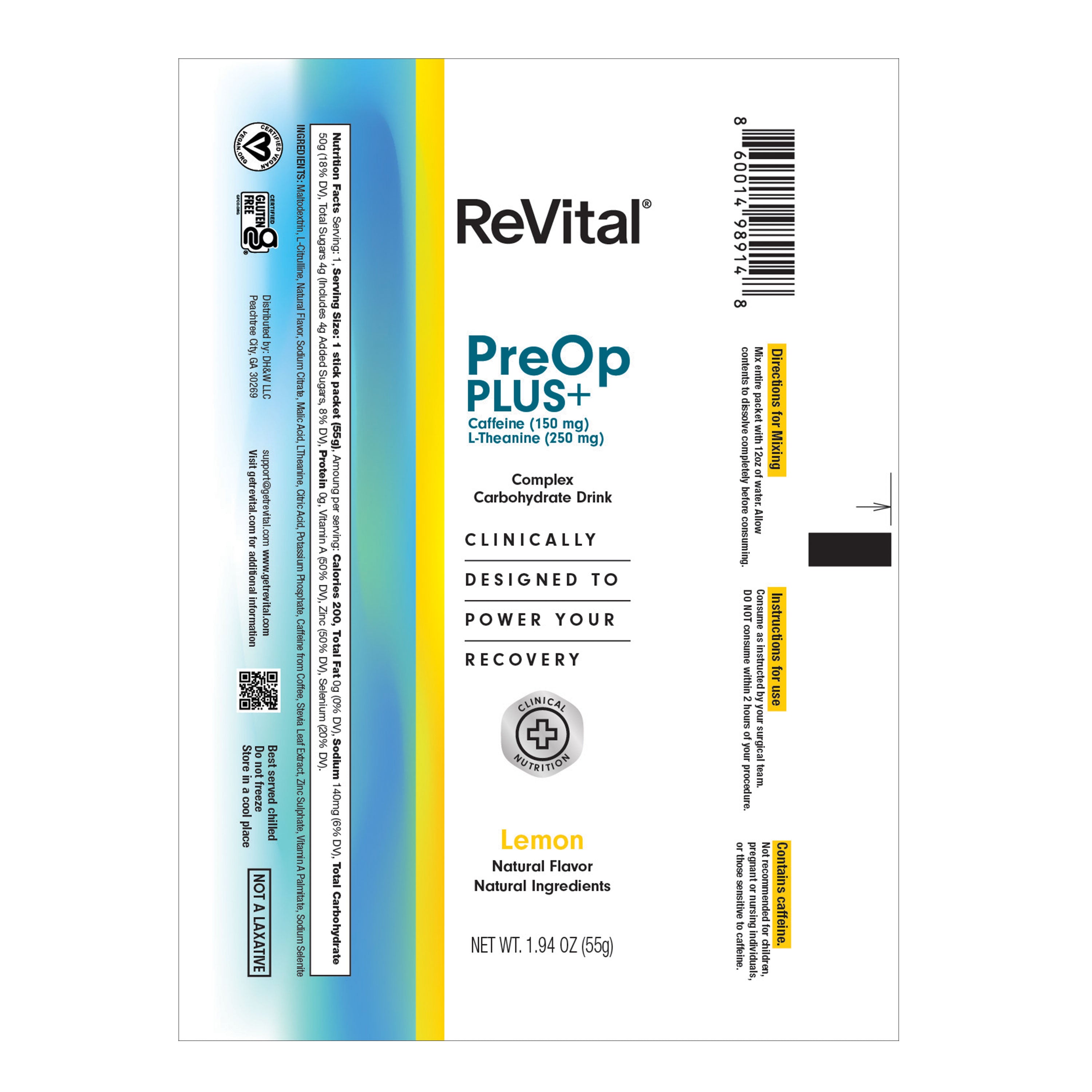 ReVital Nutritional Beverage, 12oz Powdered Drink Mix, Clear Carbohydrate Pre-Surgery PreOp 3-Pack Mix Powder Sticks Kit D, Lemon Flavor