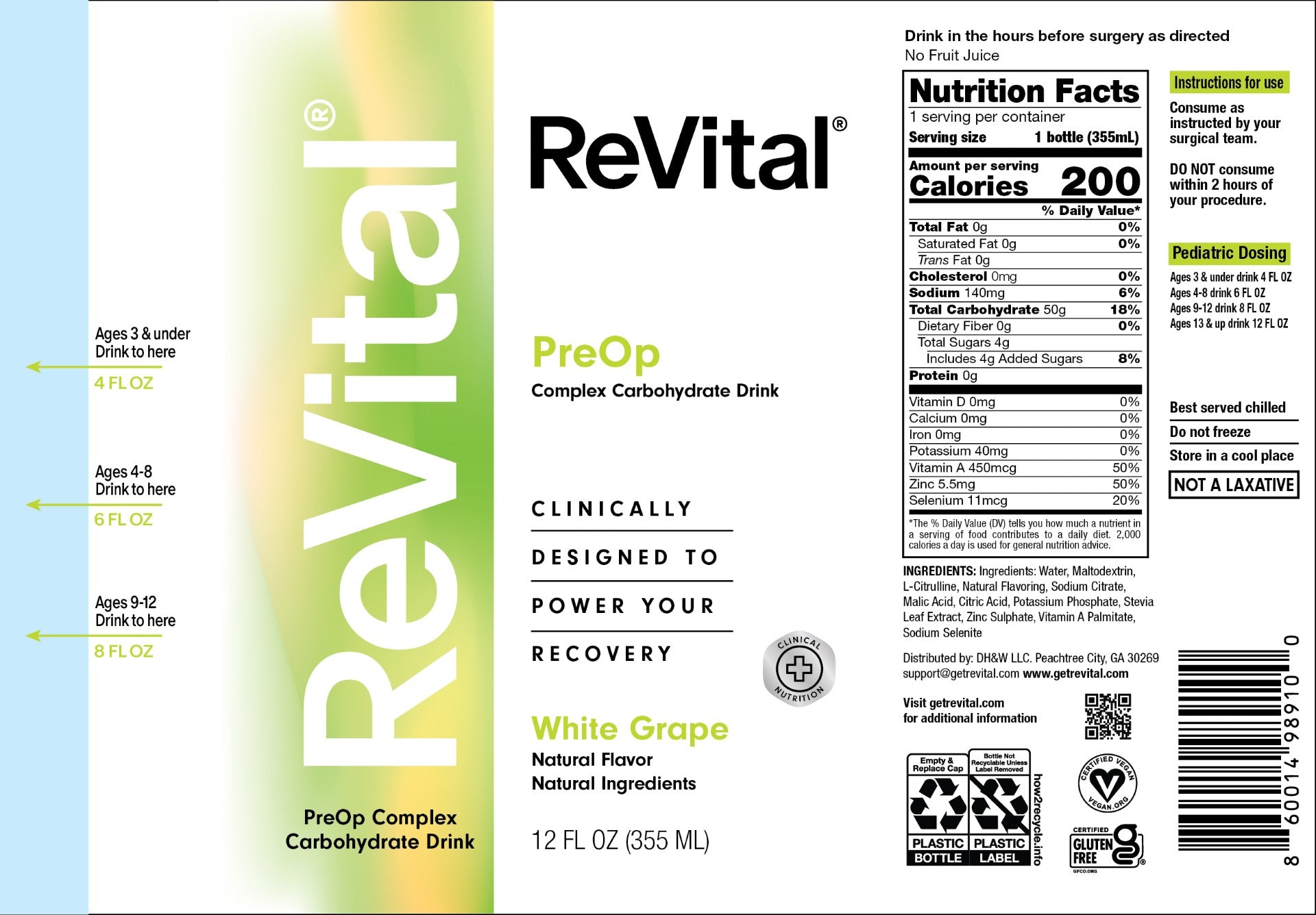 *ReVital Nutritional Beverage, 12oz Clear Carbohydrate Pre-Surgery PreOp Drink, White Grape Flavor