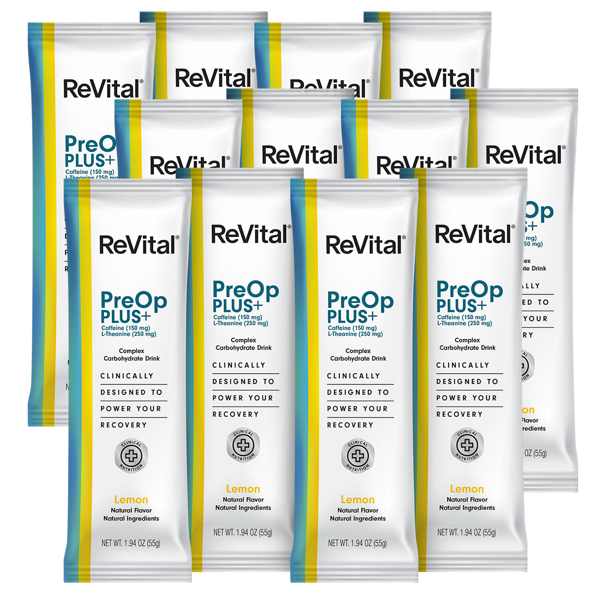 ReVital Nutritional Beverage, 12oz Powdered Drink Mix, Clear Carbohydrate Pre-Surgery PreOp Plus 12 Powder Sticks CASE - F, Lemon Flavor (Bulk)
