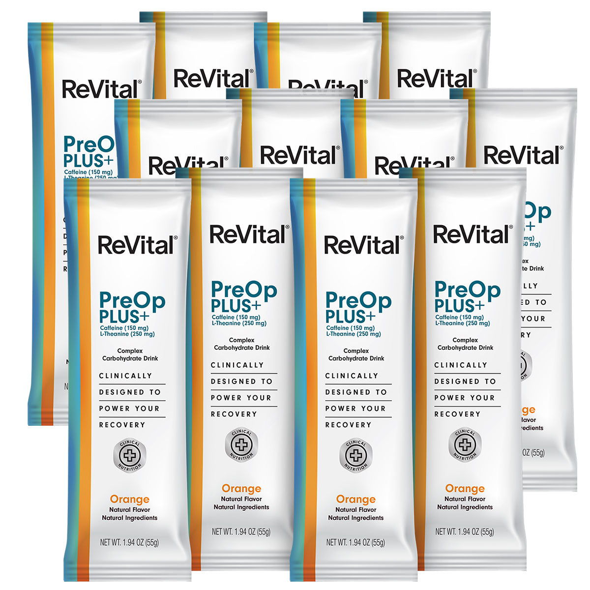 ReVital Nutritional Beverage, 12oz Powdered Drink Mix, Clear Carbohydrate Pre-Surgery PreOp Plus 12 Powder Sticks CASE E, Orange Flavor (Bulk)