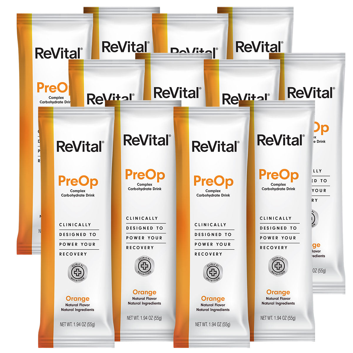 ReVital Nutritional Beverage, 12oz Powdered Drink Mix, Clear Carbohydrate Pre-Surgery PreOp 12 Powder Sticks CASE Kit C — Orange Flavor (Bulk)