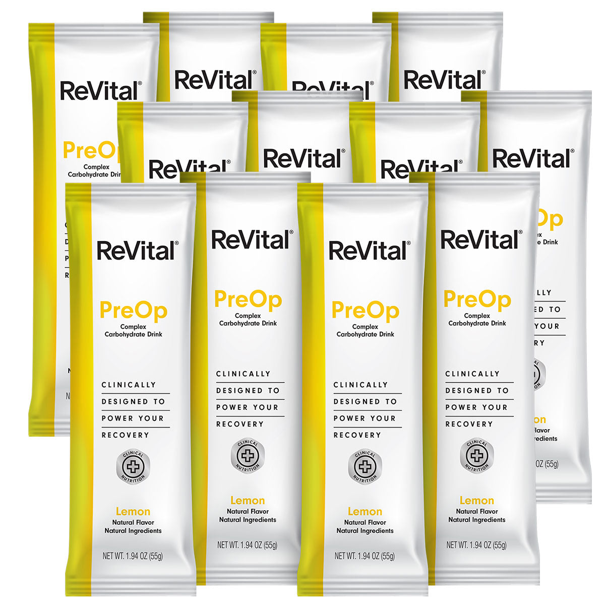 ReVital Nutritional Beverage, 12oz Powdered Drink Mix, Clear Carbohydrate Pre-Surgery PreOp 12 Powder Sticks CASE Kit D — Lemon Flavor (Bulk)