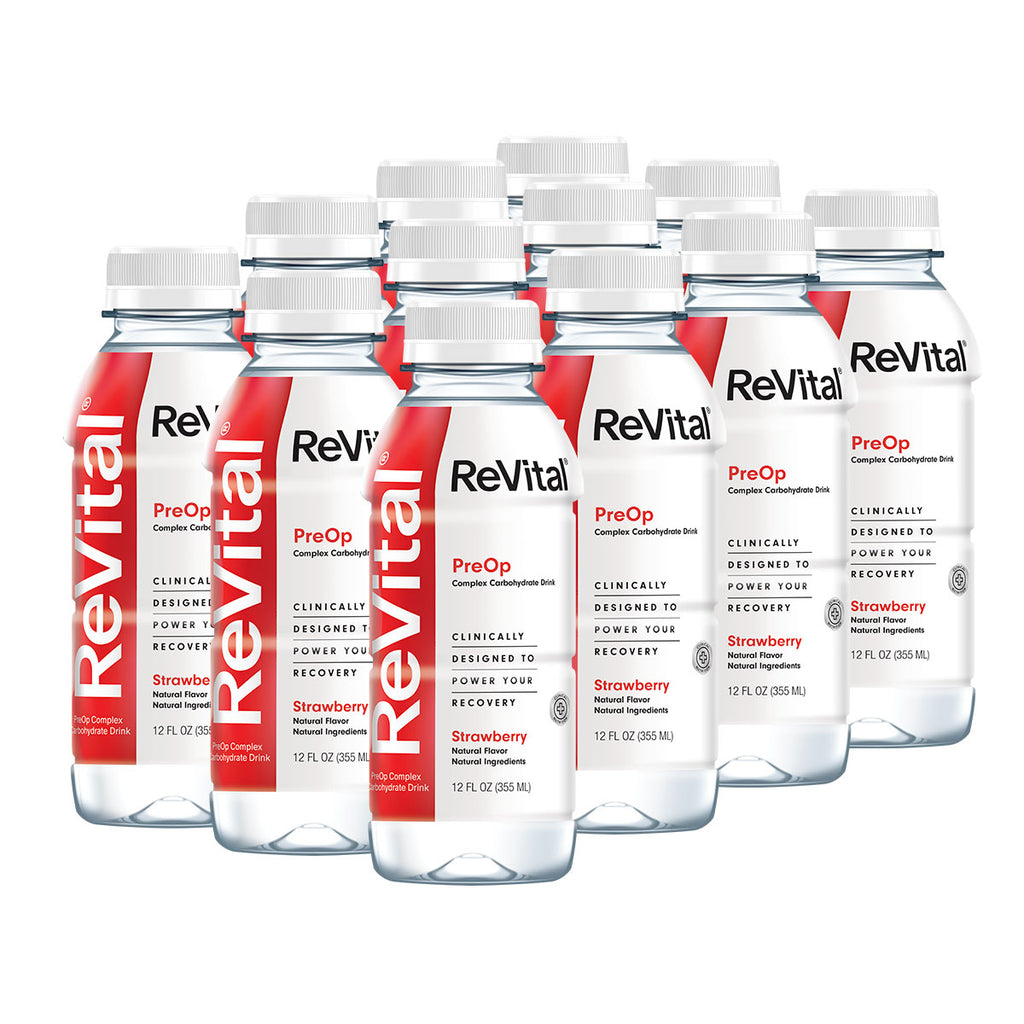 ReVital Nutritional Beverage, 12oz Clear Carbohydrate Pre-Surgery PreOp Drink 12 Bottle CASE Kit B — Strawberry Flavor (Bulk)