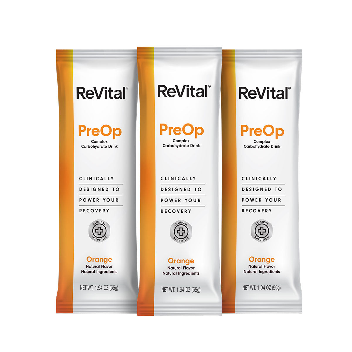ReVital Nutritional Beverage, 12oz Powdered Drink Mix, Clear Carbohydrate Pre-Surgery PreOp 3-Pack Powder Sticks Kit E, Orange Flavor