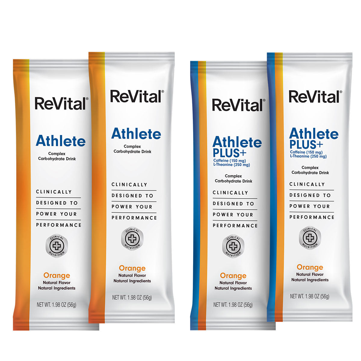 ReVital Nutritional Beverage, 12oz Powdered Drink Mix, Clear Carbohydrate Athlete & Plus+ 4-Pack Powder Sticks Mix Kit K, Orange Flavor
