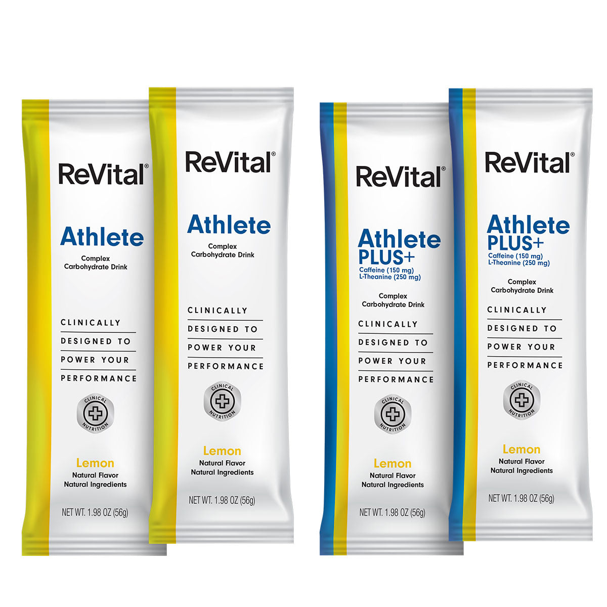 ReVital Nutritional Beverage, 12oz Powdered Drink Mix, Clear Carbohydrate Athlete & Plus+ 4-Pack Powder Sticks Mix Kit L, Lemon Flavor