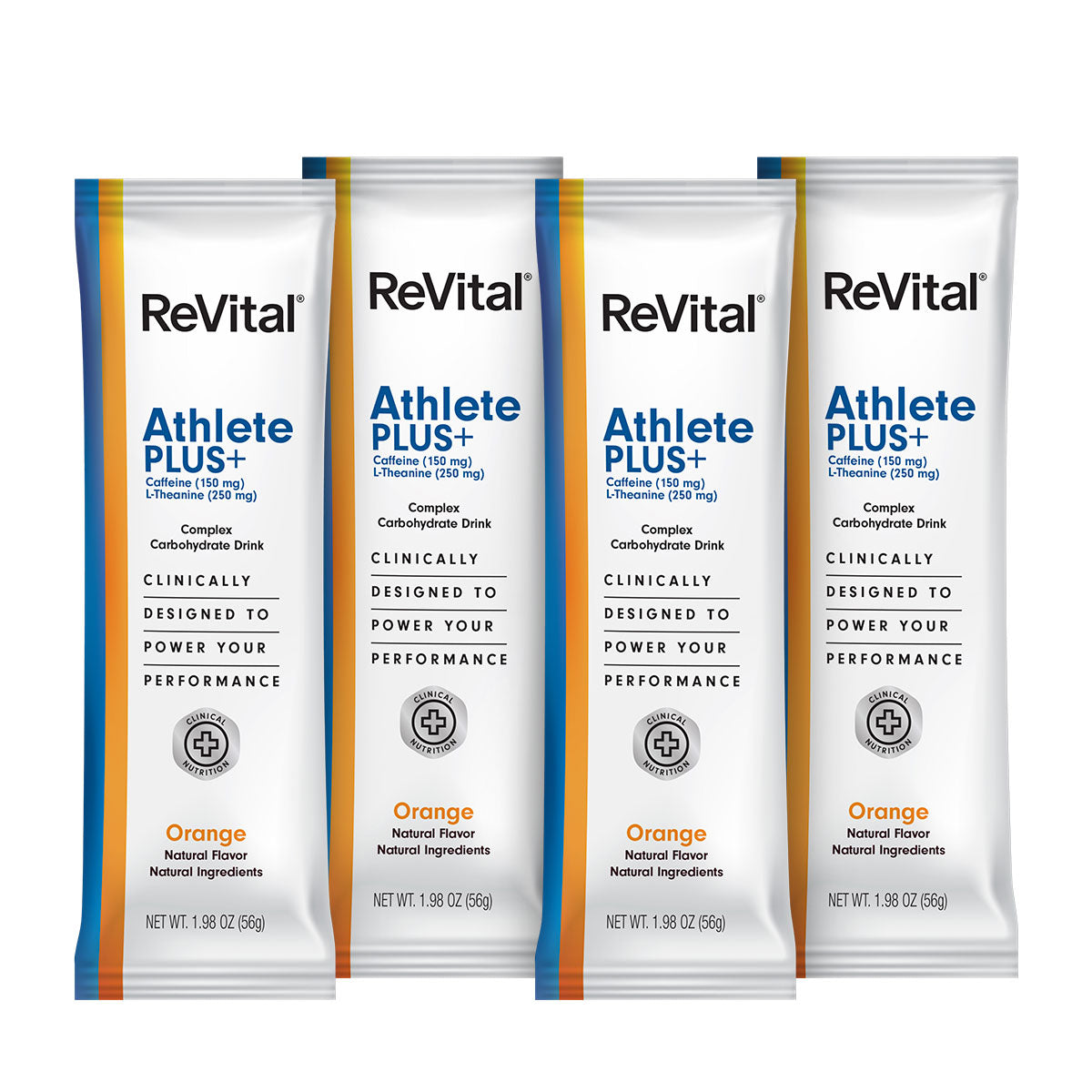 ReVital Nutritional Beverage, 12oz Powdered Drink Mix, Clear Carbohydrate Athlete Plus 4-Pack Powder Sticks Kit I, Orange Flavor