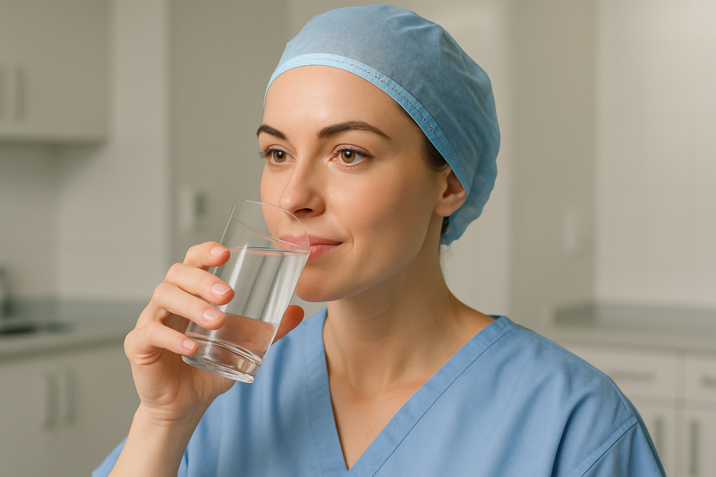 attractive woman drinking clear preop drink from a glass