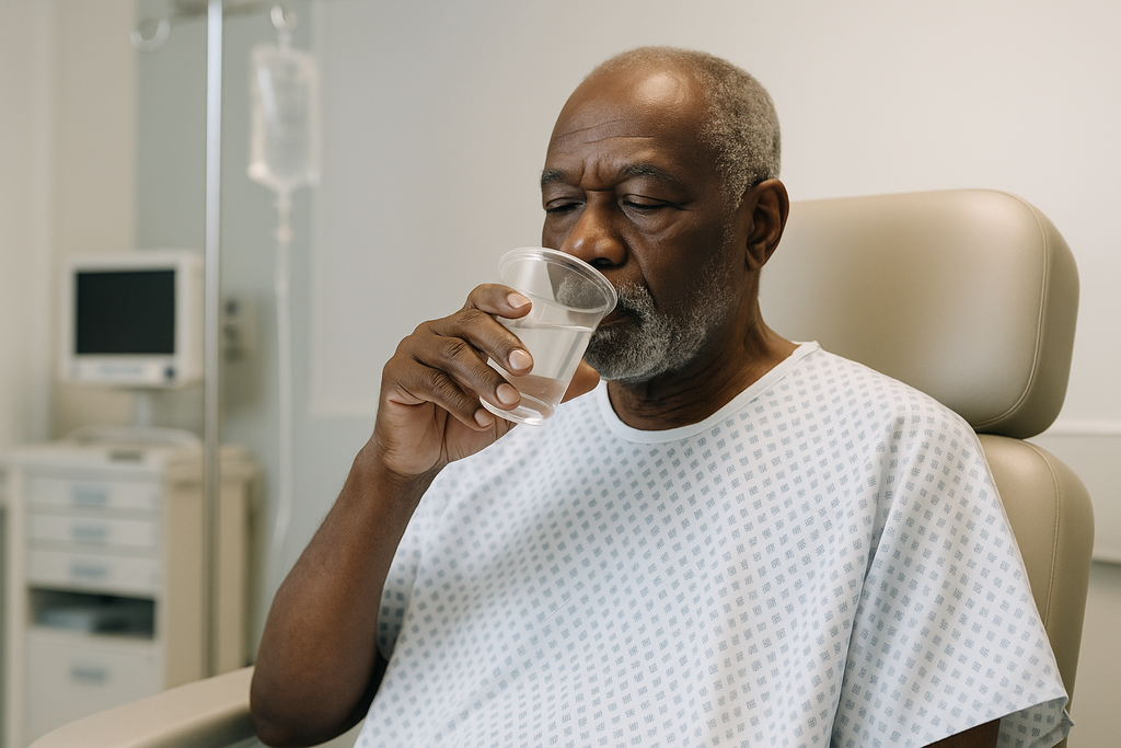 elderly black man drinking before a procedure