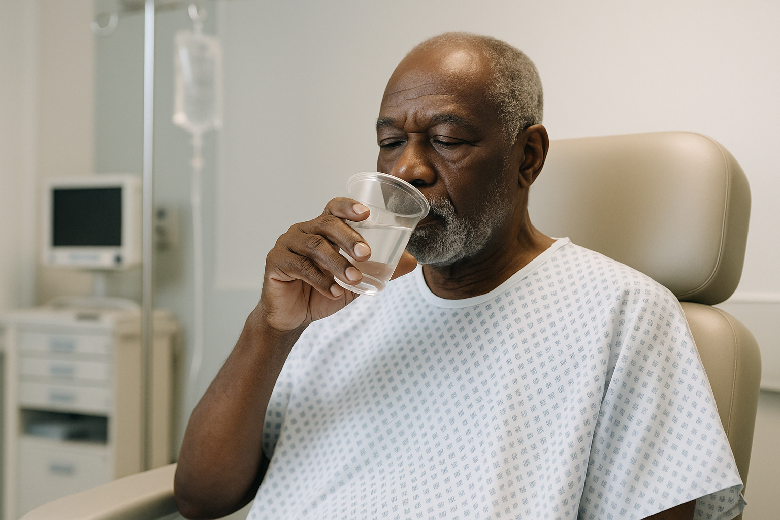 elderly black man drinking before a procedure