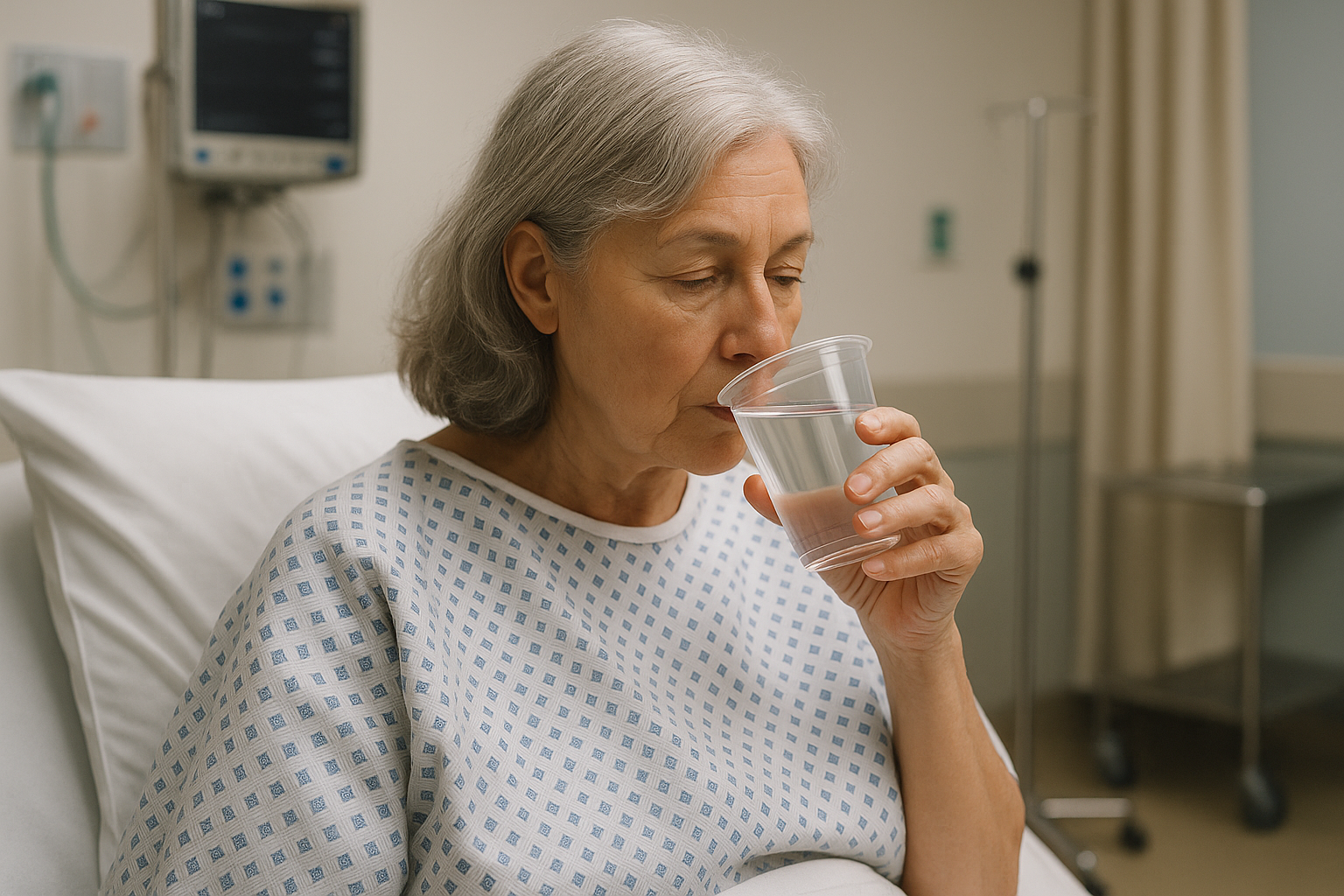 Older woman drinking water before surgery